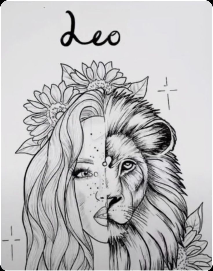 a drawing of a lion and a girl with flowers on their head