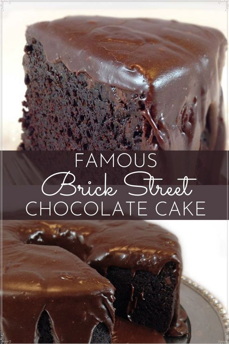 a chocolate cake on a plate with the words famous brick street chocolate cake