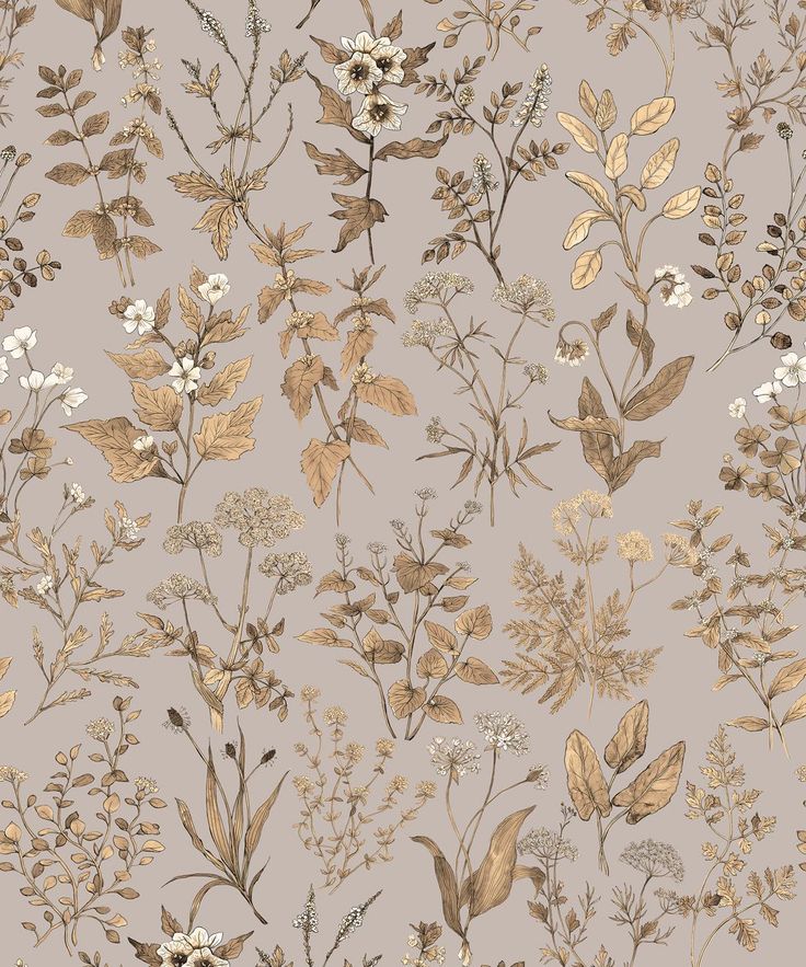 a floral pattern with gold leaves and white flowers on a gray background is featured in this image