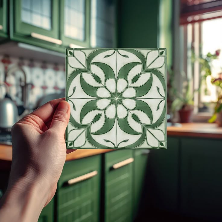 a hand is holding up a green and white tile in a kitchen with green cabinets