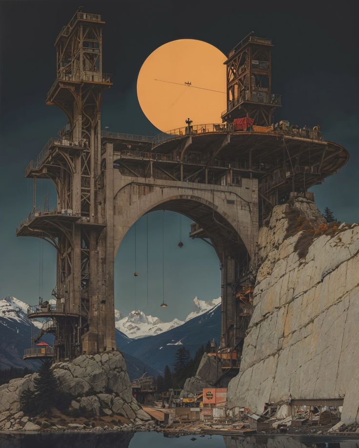 an image of a bridge under construction with mountains in the background and a full moon