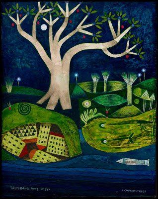 a painting with trees and fish in the water