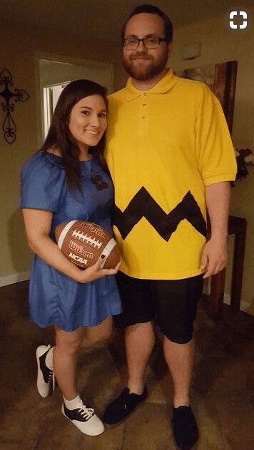 a man and woman are dressed up as pacman and chickbob for halloween