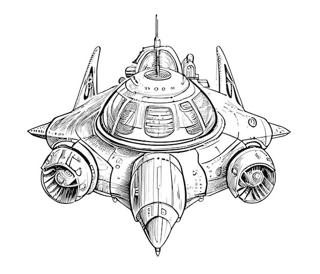 a drawing of a spaceship that is flying in the sky