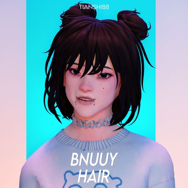 an animated image of a woman with black hair and piercings on her ears, wearing a t - shirt that says bneuy hair