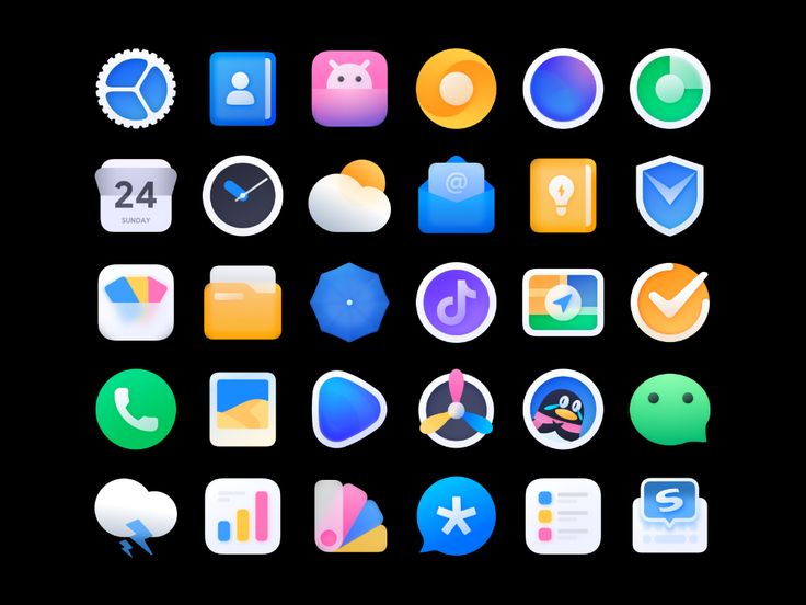 a bunch of different app icons on a black background, all in various shapes and sizes