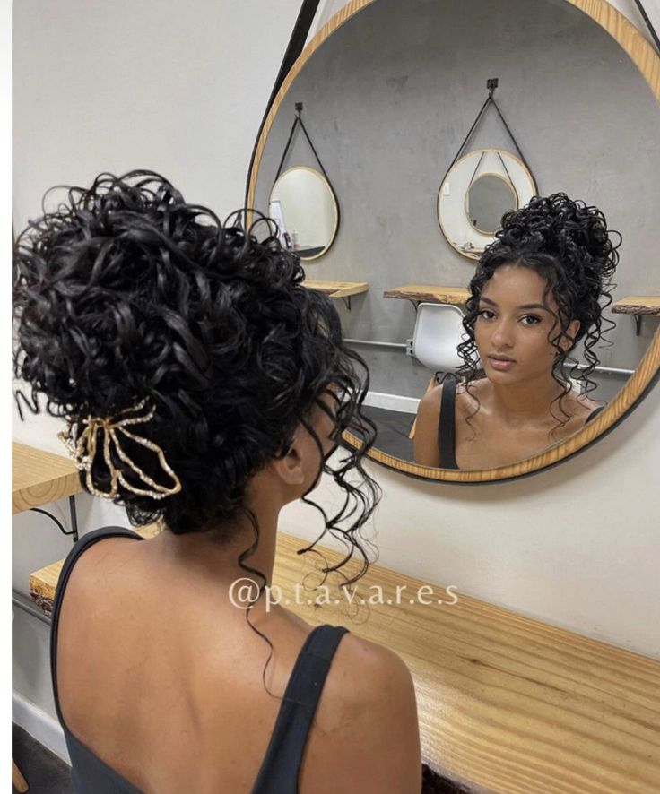 Curly Ball Hairstyles, Natural Curly Hairstyle For Wedding, Prom Hairstyles With Curly Hair, Low Side Bun Wedding Hair Curly, Curly Updo Hairstyles For Black Women Wedding, Naturally Curly Hair Wedding Updo, Up Do Curly Hairstyles Wedding, Formal Messy Bun Curly Hair, Curly Bun Hairstyles For Black Hair Prom