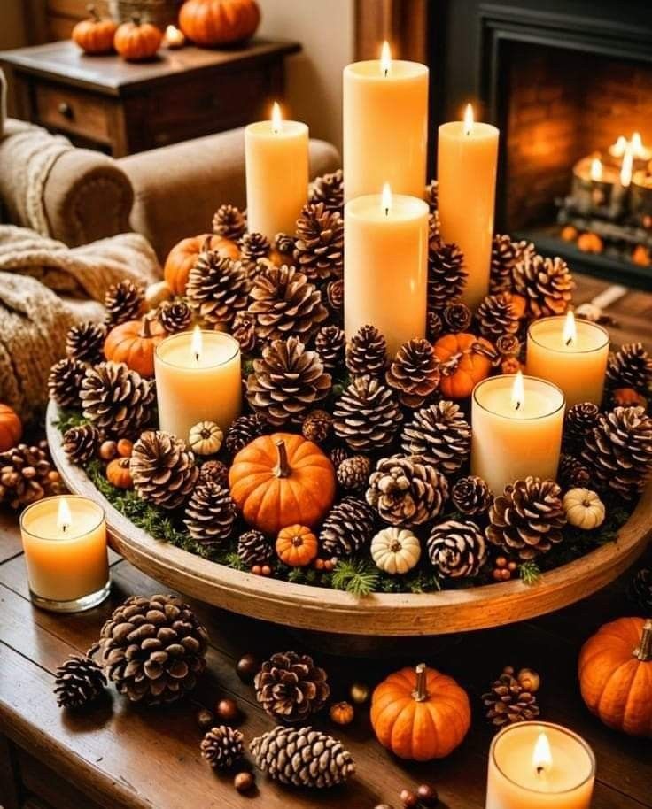 candles and pine cones are arranged in a bowl on a table next to a fireplace