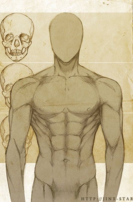 a drawing of a man's back with two skulls in the background