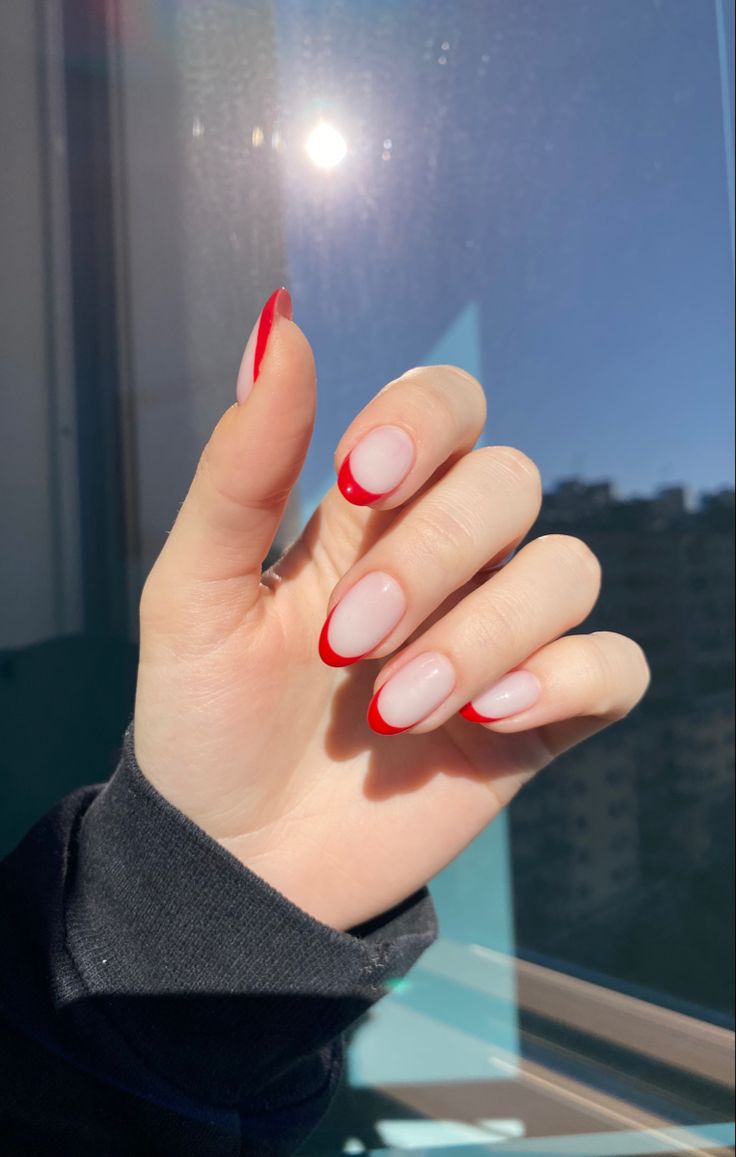 Red French Round Nails, Christmas Nails 2023 Red French, White Nail Red Tip, White Red Tip Nails, White Nail With Red Tip, Red French Tip Nails Short Round, Nude Nails With Red Tips, Red French Valentine Nails, Red Micro French Nails