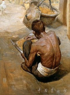 a painting of a man sitting on the ground next to a basket full of corn