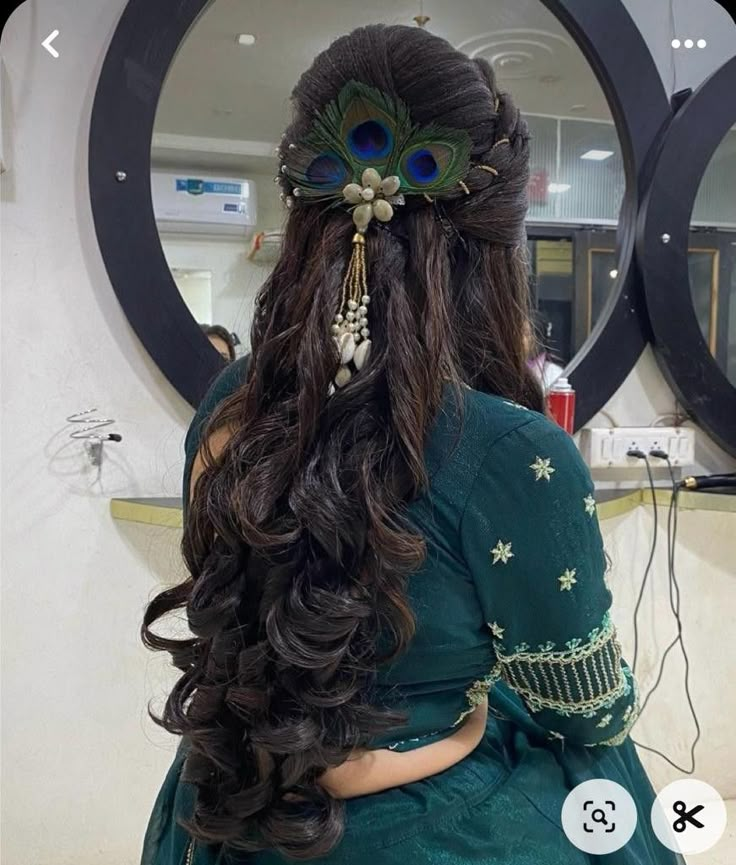 Peacock Feather Hairstyle, Krishna Hairstyle, Morpankh Jewellery, Peacock Hairstyle, Hetal's Art, Peacock Accessories, Hair Style On Saree, Peacock Hair, Engagement Hairstyles