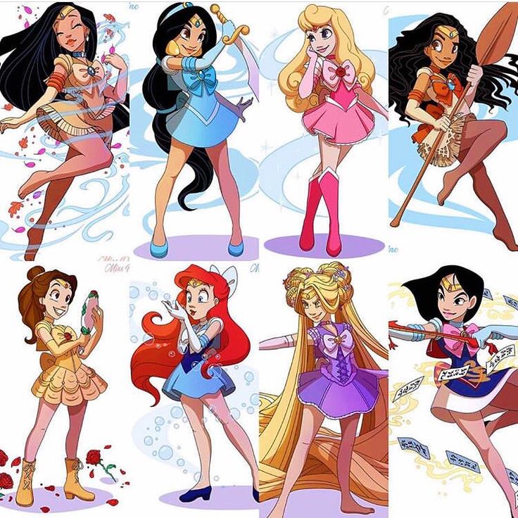 some cartoon characters are dressed up as the same girl in different outfits and hair styles