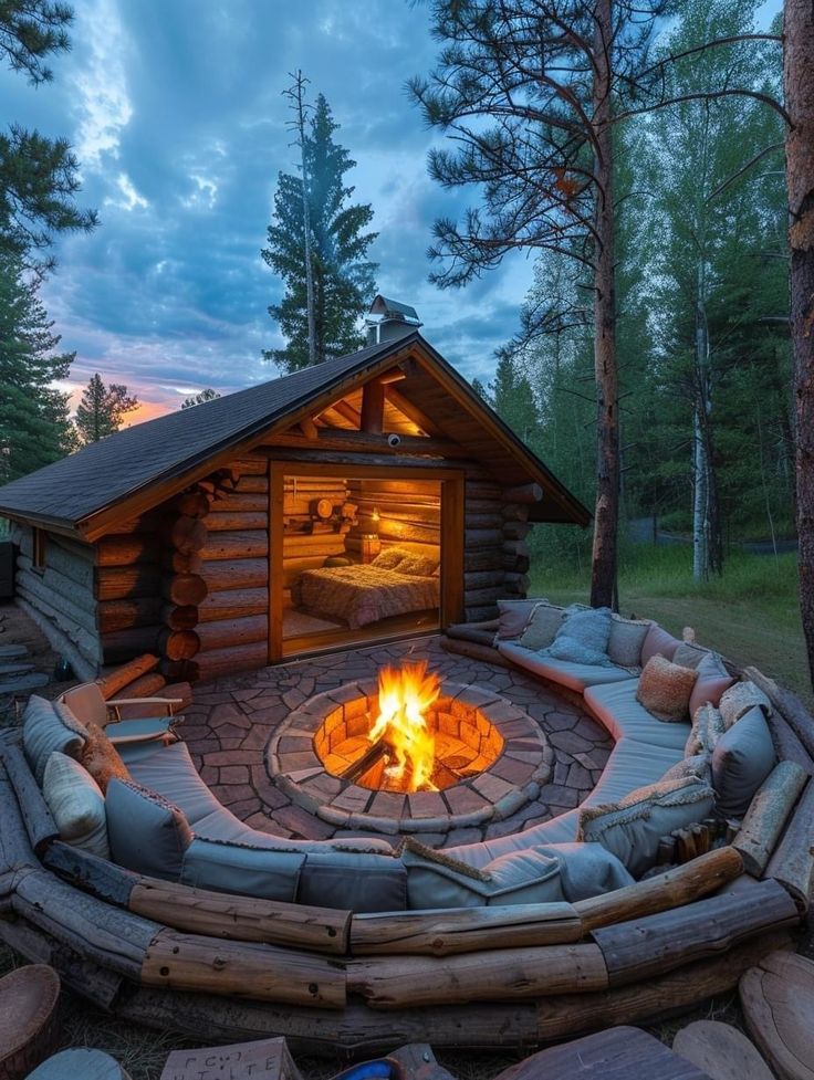 a fire pit in the middle of a forest with pillows around it and a log cabin behind it