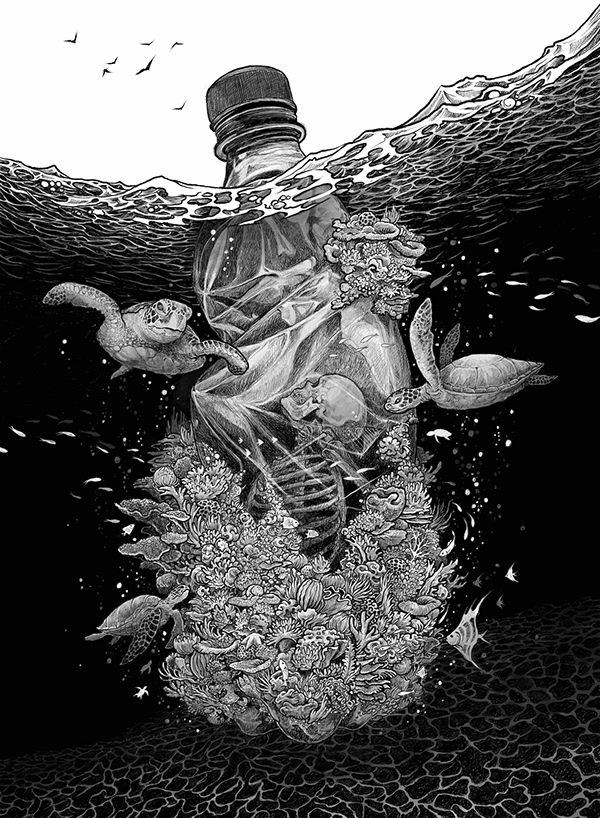 a black and white drawing of a man floating in the ocean surrounded by seagulls