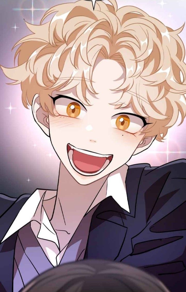 an anime character with blonde hair is smiling and has a speech bubble above his head