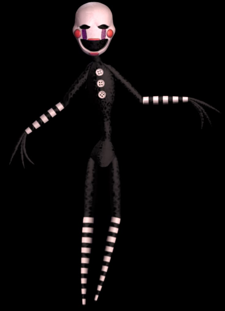 a black and white cartoon character with red eyes, striped arms and legs is smiling