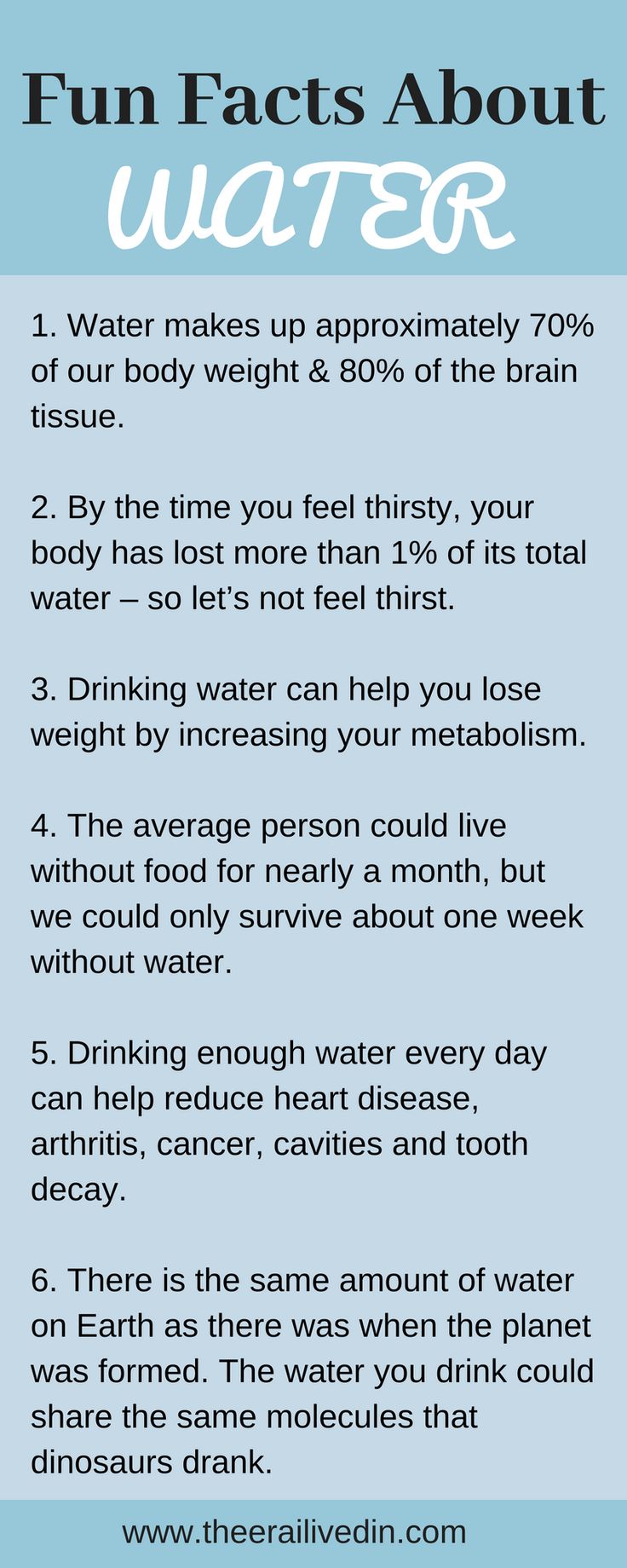 Fun facts about drinking water that'll help you see the reasons why water is so essential for our existence and why staying hydrated is the key o our healthy living. #theerailivedin #infografic #dehydration #hydration Facts About Water, Water Nutrition Facts, Water Benefits Facts, Why Water Is Important, Importance Of Hydration, Hydration Tips Drinking Water Benefits, Water Facts Health Benefits Of, Water Hydration, Water For Health