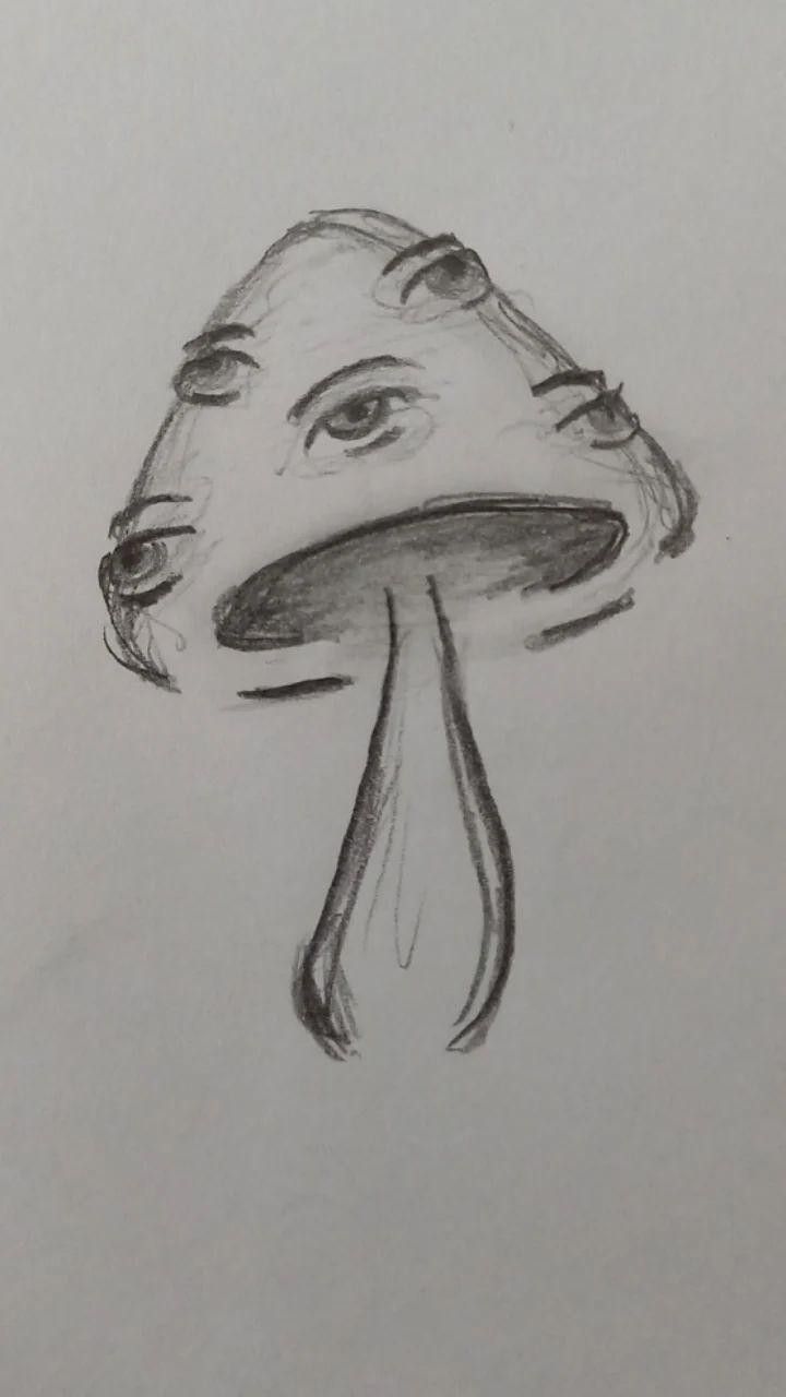 a pencil drawing of a mushroom with a tear coming out of it's mouth