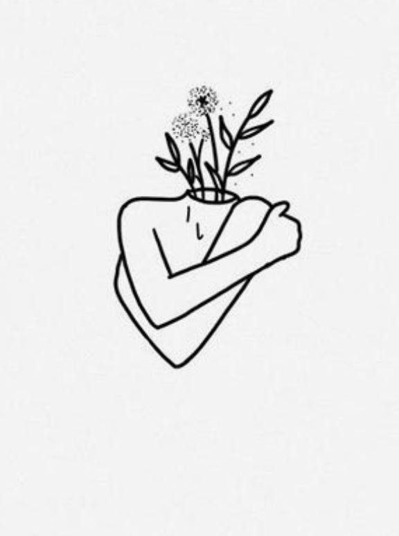 a black and white drawing of a hand holding a flower in it's arm