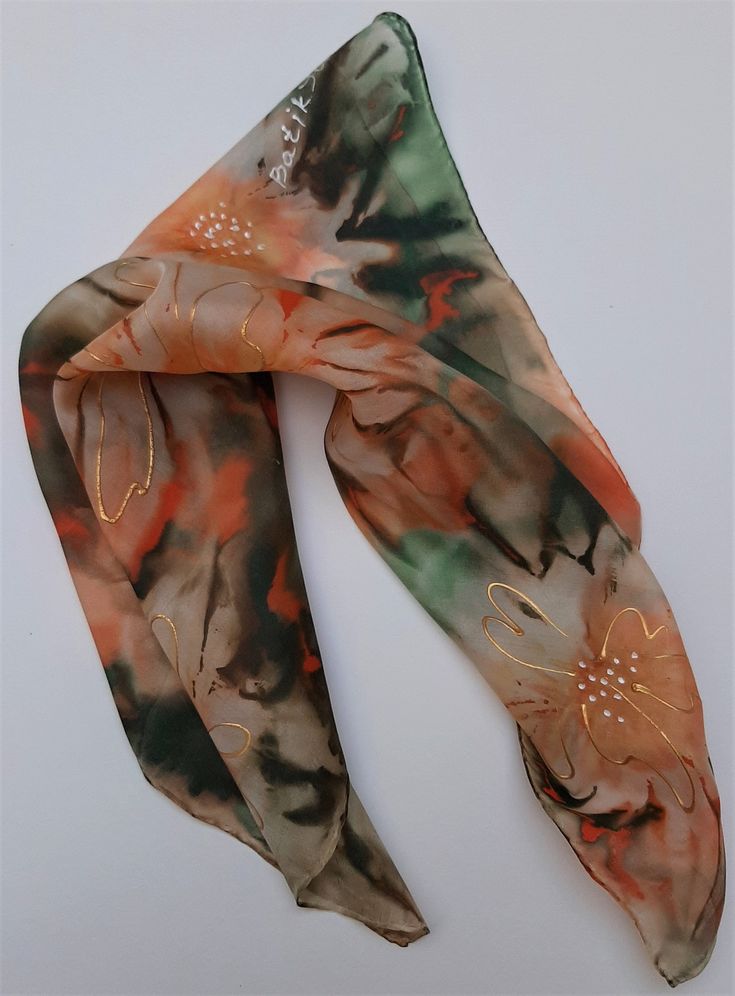 Small neck silk scarf hand painted, Batik head scarf Unique scarf The abstract shawl is multi-colored, made in batik technique on natural silk excelsior. This scarf can be a wonderful accessory in women's closet, a fashionable addition to the female image both in business suit and in everyday outfit. It is very light, airy and soft to the touch. It is easily washed at water temperature not exceeding 30 degrees, dried in a towel and immediately ironed from the inside. The temperature of the iron Artistic Hand Dyed Scarves, Batik Technique, Head Silk Scarf, Female Image, Unique Scarf, Womens Closet, Painted Scarf, Silk Scarf Painting, Hand Painted Silk Scarf