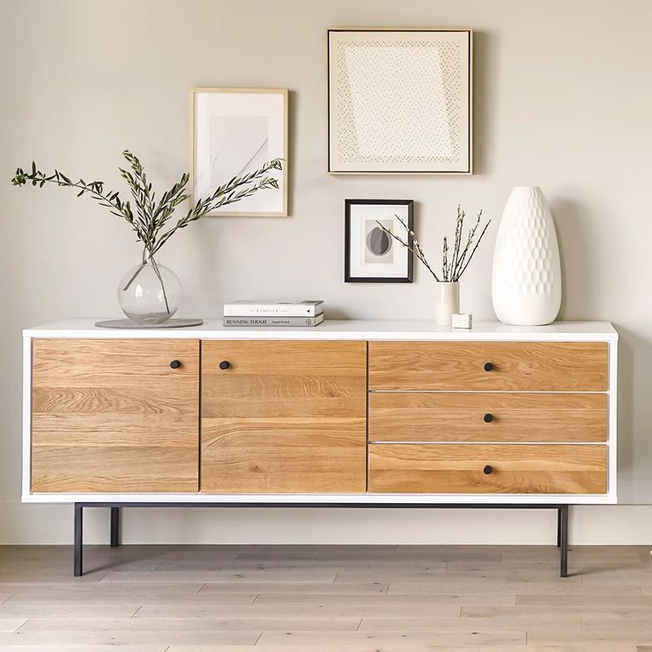 Bios Rustic Oak & White Sideboard Buffet Table | Article White Sideboard Buffet, Apartment On A Budget, Sideboard With Drawers, Apartment Tips, Mid Century Modern Sideboard, Apartment Decorating Ideas, Article Furniture, Cabinet Dimensions, Decorating Ideas On A Budget