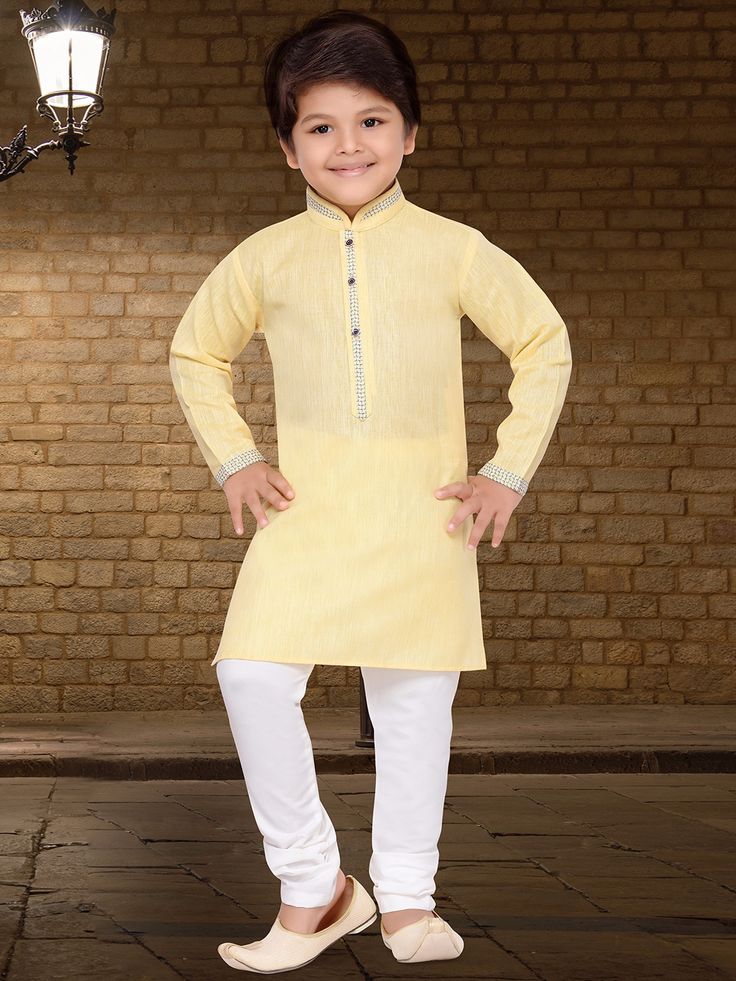 Solid Cotton Silk Yellow Kurta Suit Boy Kurta, India Fashion Men, Kids Indian Wear, Suit For Boys, Boys Kurta Design, Kids Dress Boys, Kids Kurta, Yellow Kurta, Kids Shirts Boys