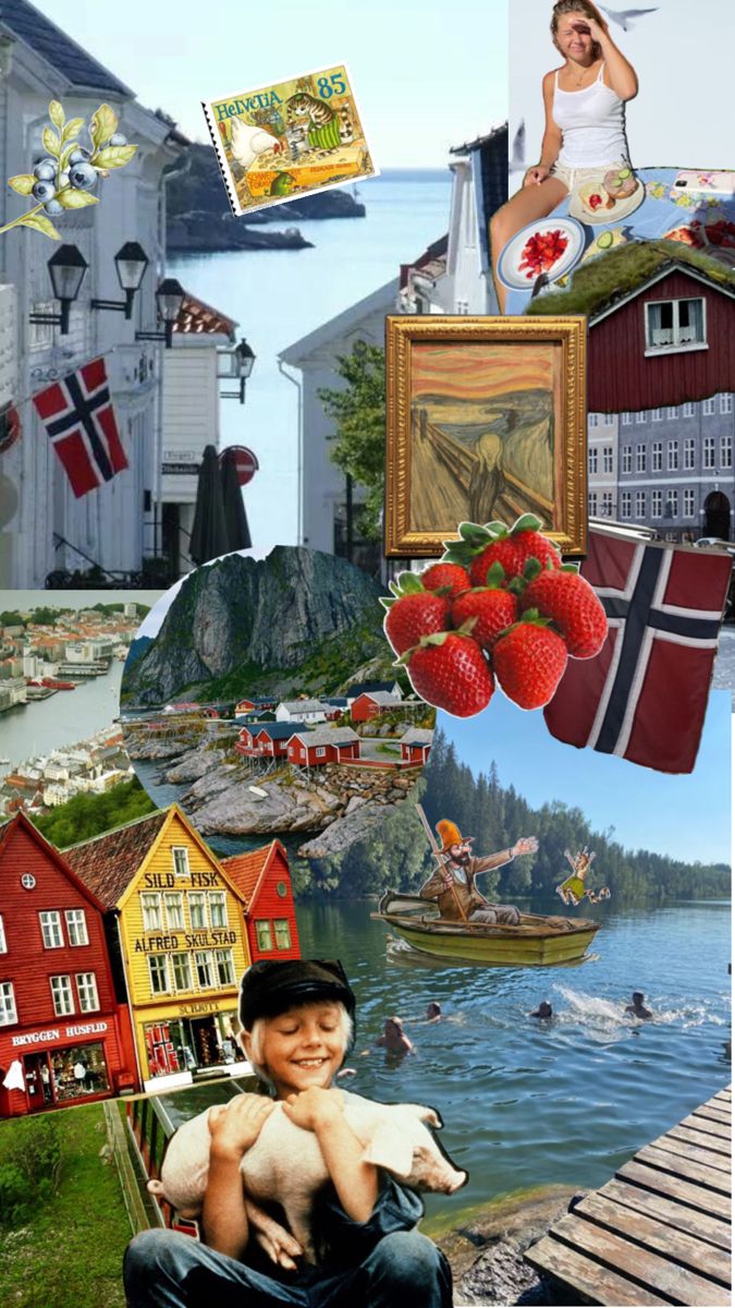 a collage of pictures with houses, boats and people in them on the water