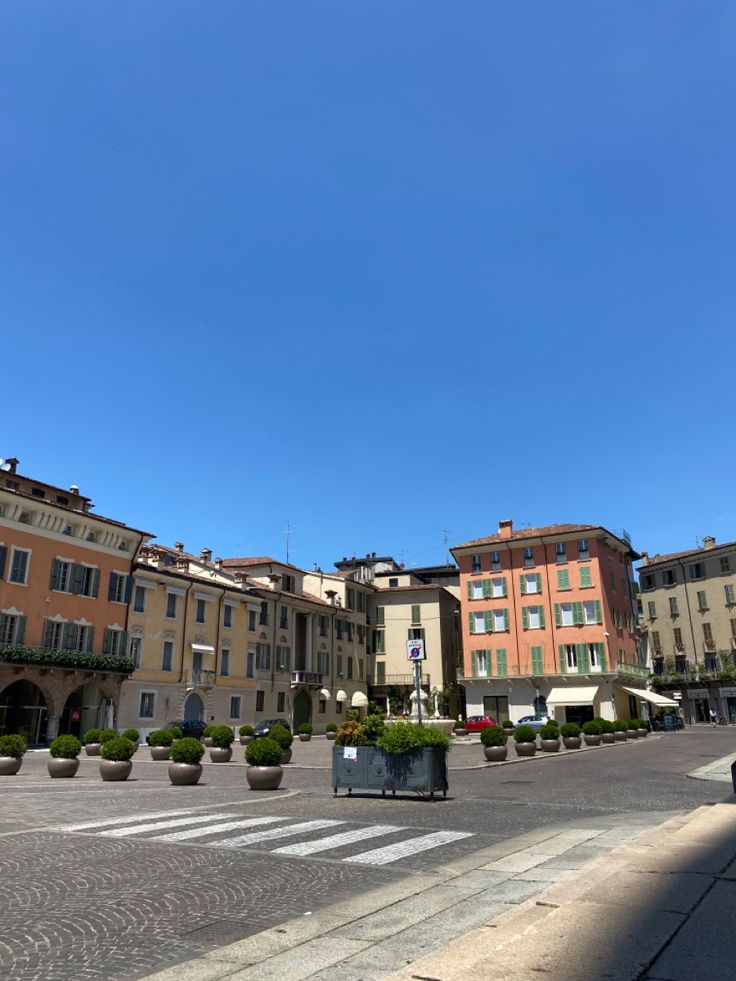 an empty street with potted plants and buildings in the background on a sunny day