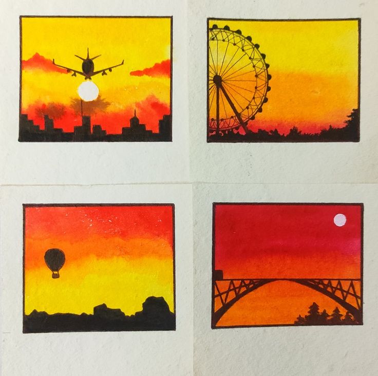 four different pictures of an airplane, ferris wheel, and the sun setting over a city