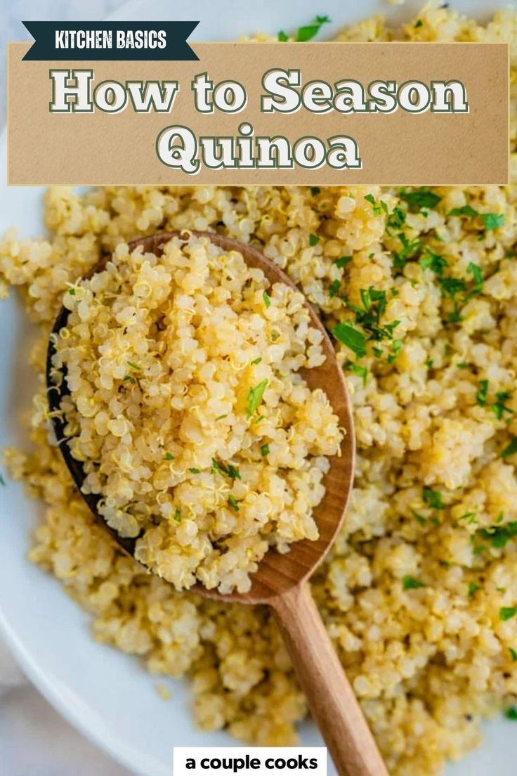 a white plate topped with quinoa and a wooden spoon next to it is the title how to season quinoa