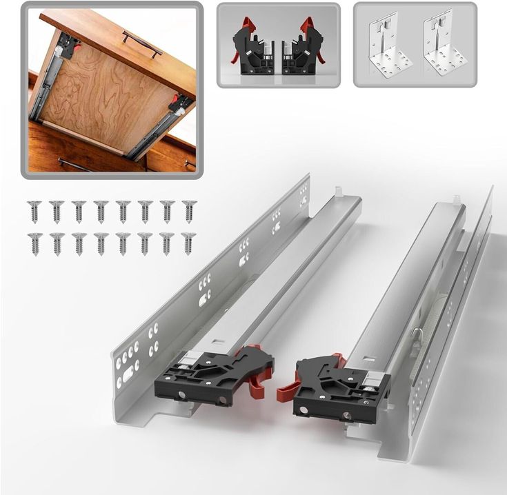 two pieces of metal workbench with screws and brackets