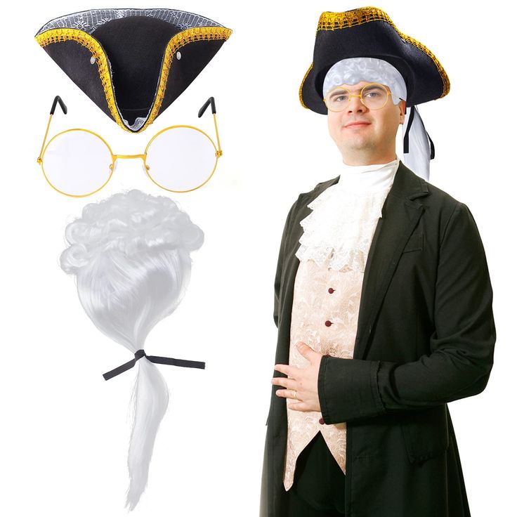 PRICES MAY VARY. Vintage Tricorn Gold Trim Hat - Colonial tricorn hat is black with ruffled gold trim, made of felt and measures 15.7", with a cap size that fits most teens, adults, and bigger kids Colonial Powdered Wig - Made of high-quality high-temperature resistant synthetic fiber, which is very suitable for long term use, the size of wig cap is adjustable, which can fit different head size; non-toxic and safe Metal Costume Eyeglass - Metal frame, plastic lenses,128*135*54mm; round circle glasses with clear lens, non prescription, lightweight for portable wearing, fits well both for small faces and big heads with adjustable nose guards Suitable Occasions - Perfect for classroom history lesson or historical school colonial days, George Washington, Thomas Jefferson, Colonial Men dressing Judge Wig, Classroom History, Powdered Wig, Colonial Costume, Men Dressing, Metal Costume, Tricorn Hat, Circle Glasses, Colonial Dress