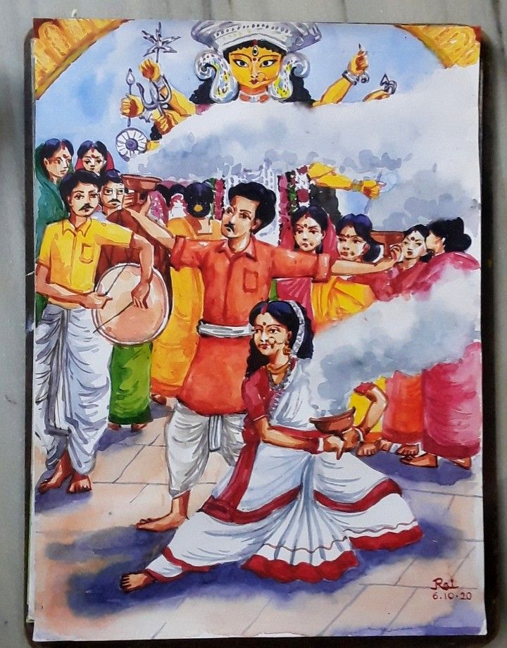 a painting of people dancing in front of a man holding a tamba and woman