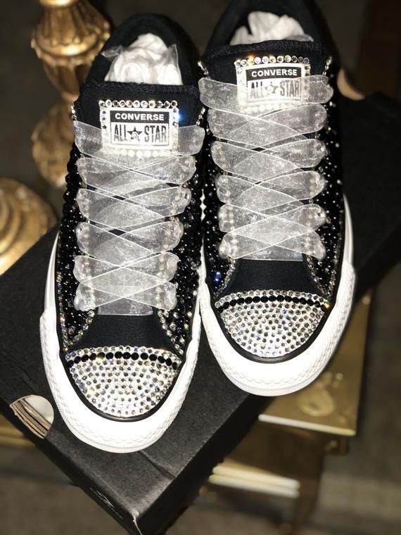 Converse Bedazzled, Converse With Rhinestones, Bling Converse Shoes, Bedazzled Converse, Rhinestone Converse, Bedazzled Shoes Diy, Rhinestone Sneakers, Bedazzled Shoes, Black Chucks