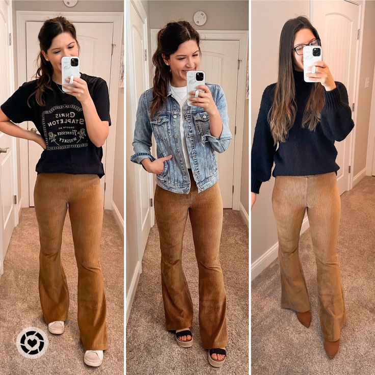 Aerie Velour Flare Pants, How To Style Suede Pants, Suede Pants Outfit Camel, Velour Flare Pants Outfit, Carmel Pants Outfit, Tan Suede Pants Outfit, Tan Flare Pants Outfit, Brown Suede Pants Outfit, Tan Corduroy Pants Outfit