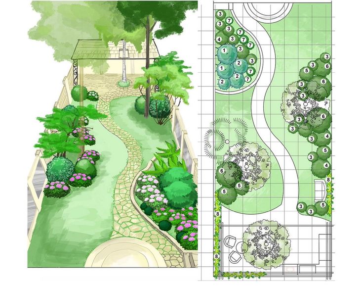 an image of a garden plan with trees and bushes in it, including a path