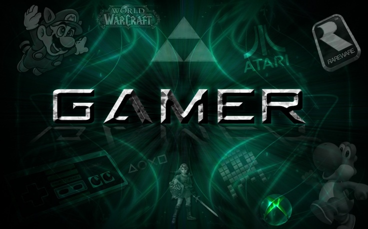 the word gamer surrounded by various video game related items and symbols, including an image of a person