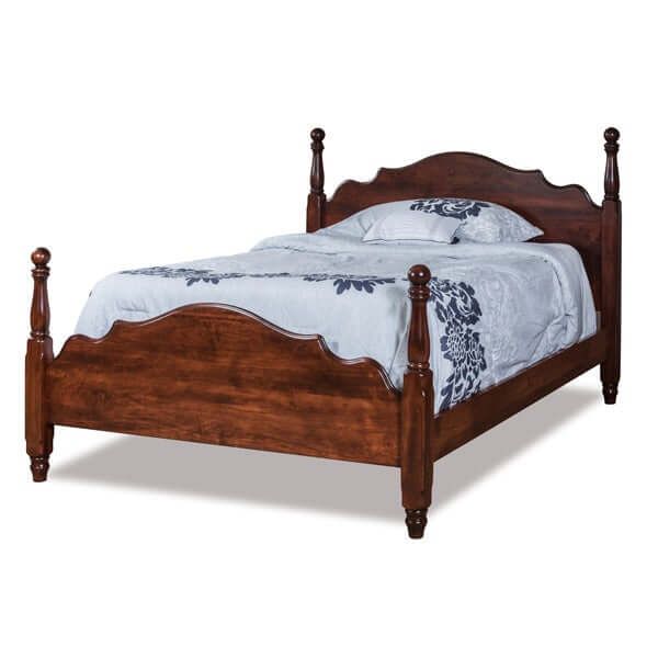 a wooden bed with four posts and two night stands on each side, along with an image of the headboard and foot board