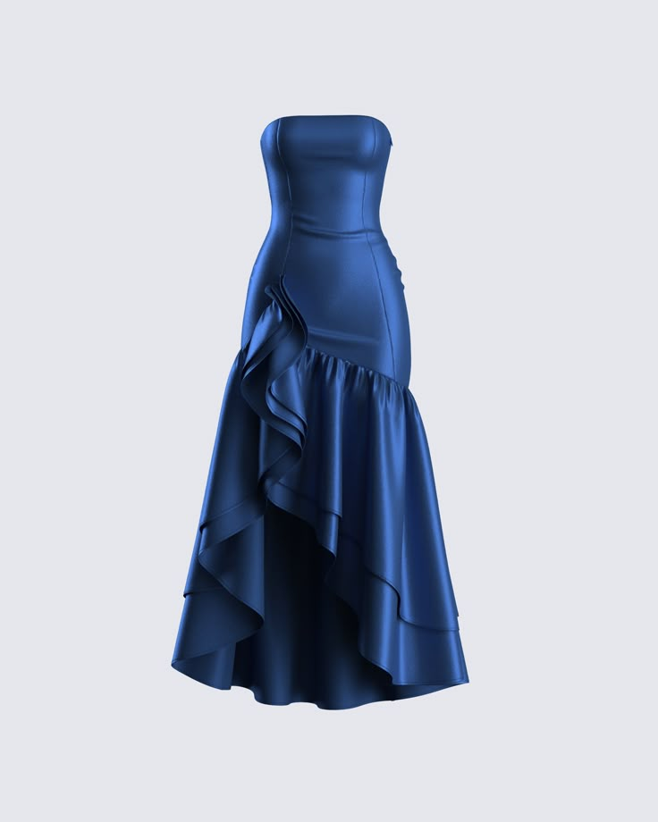 Leave them in awe when you walk in wearing this navy ruffle maxi dress 👑 Crafted from satin charmeuse fabric, and complete with a layered ruffle hem, a slit on the left leg, princess seams, and gripper tape along the top opening for an elegant and breathtaking look 💙 Cheap Winter Formal Dresses, Cute Prom Dresses Dark Blue, Maid Of Honor Dress Navy Blue, Cocktail Dress Navy Blue, Very Formal Dresses, Mamma Mia Formal Dress, Blue Hollywood Dresses, Prom Dresses Timeless, Drop Hem Dress