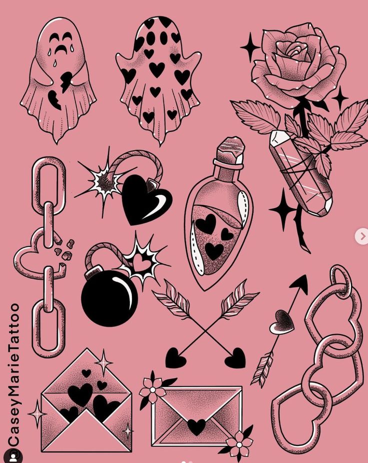 an assortment of tattoos on a pink background