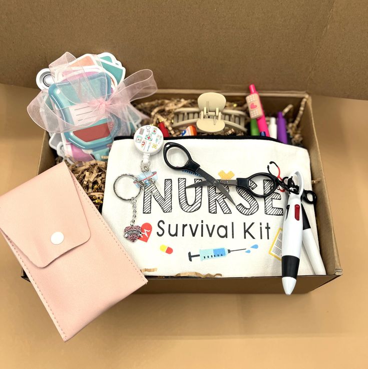 a nurse survival kit in a box with scissors and other medical supplies on the table