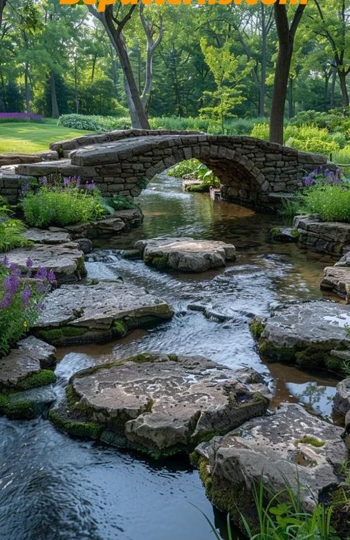 a stone bridge over a small stream surrounded by trees and flowers with the words landscape architecture written below it