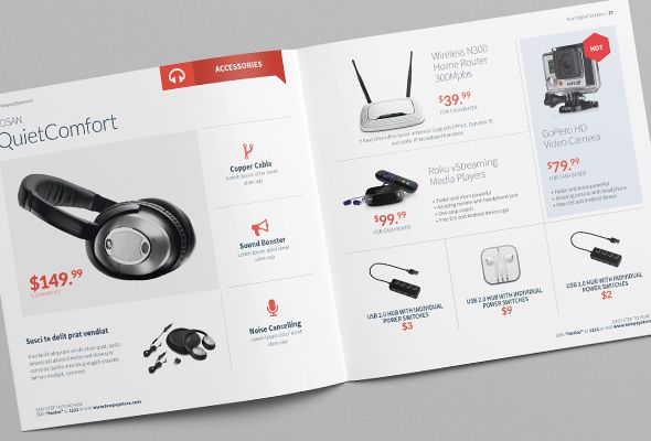 an open brochure with headphones and other items