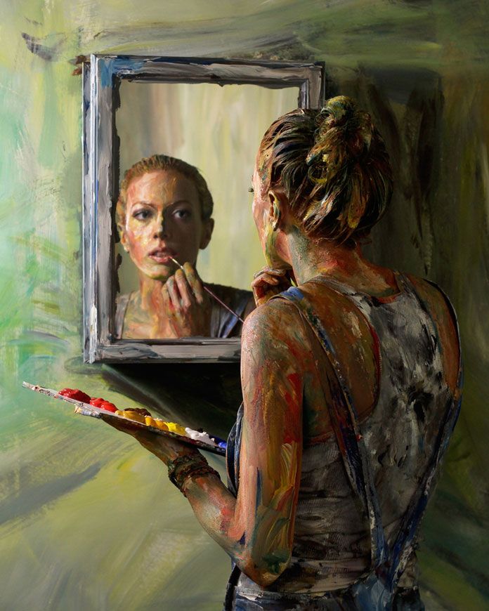 a painting of a woman looking at herself in the mirror