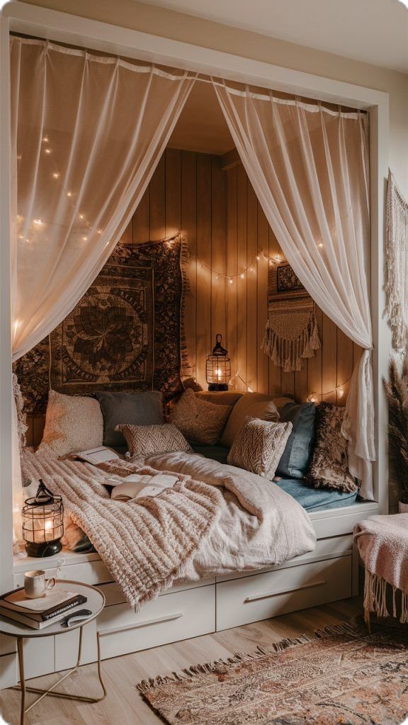 Boho Room With Day Bed, Bedroom Ideas For Small Rooms With Queen Size Bed, Boho Bed Nook, Corner Bed Ideas For Adults, Cozy Bed With Curtains, Corner Above Bed Decor, Bedding Ideas For Couples, Cute Room Ideas For Small Rooms Simple, Window In Corner Of Bedroom