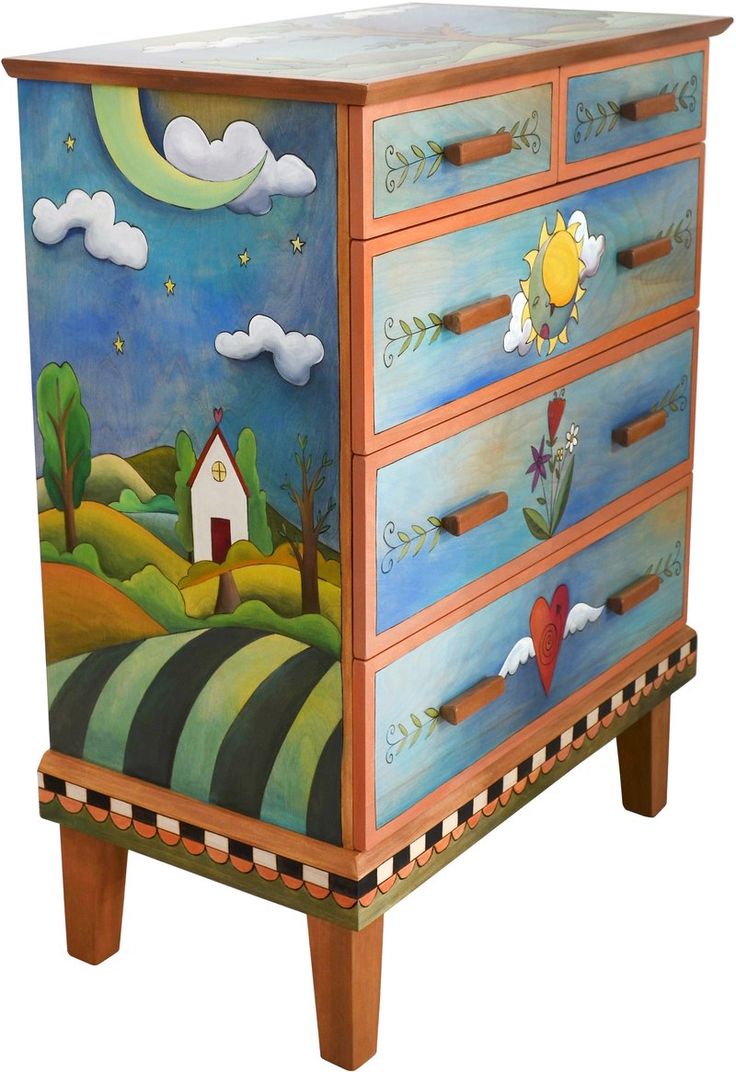 a painted dresser with an artistic scene on the top and bottom drawer, along with other drawers