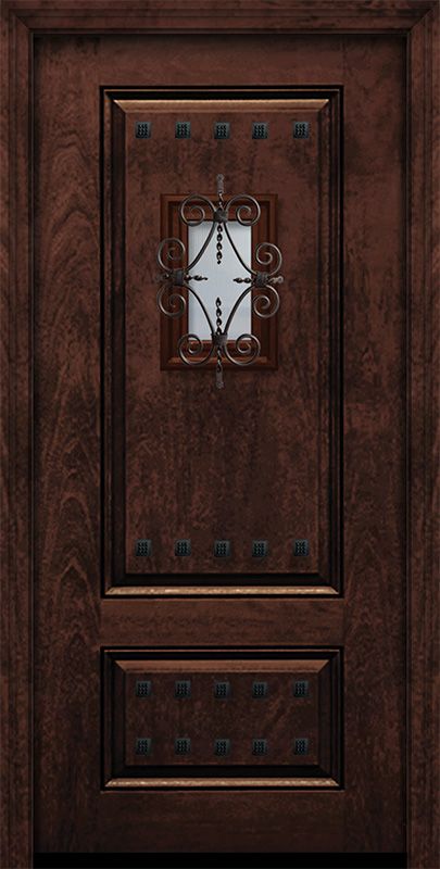 the front door is made from wood and has a decorative glass window on it's side