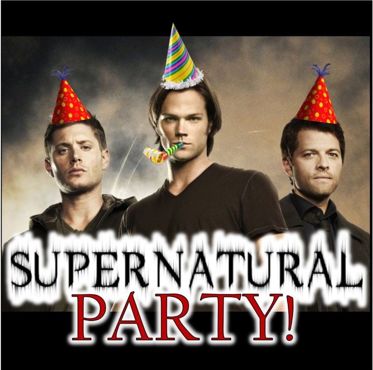 two men wearing party hats with the words super natural party