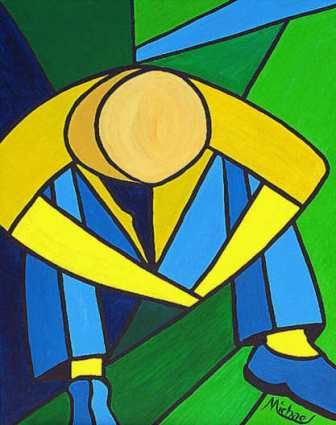 a painting of a man in blue and yellow